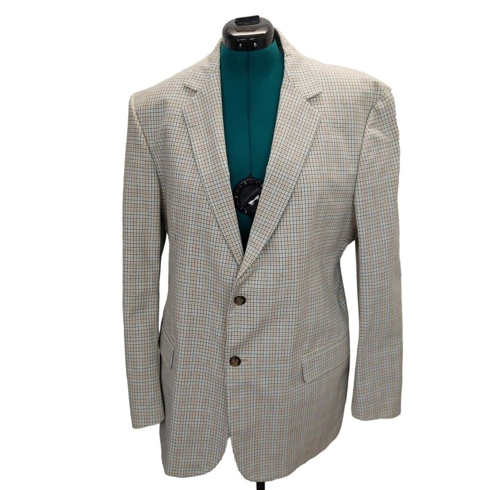 Michael Kors Men's Tan Plaid Blazer 44R 2-Button Cotton Jacket